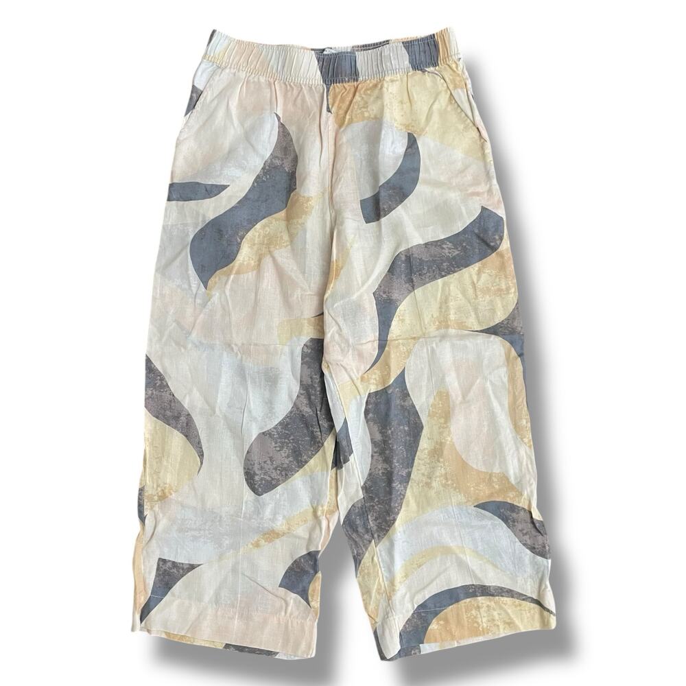 Rachel‎ Zoe Linen Abstract Print Wide Leg Pants Elastic Waist Beige L